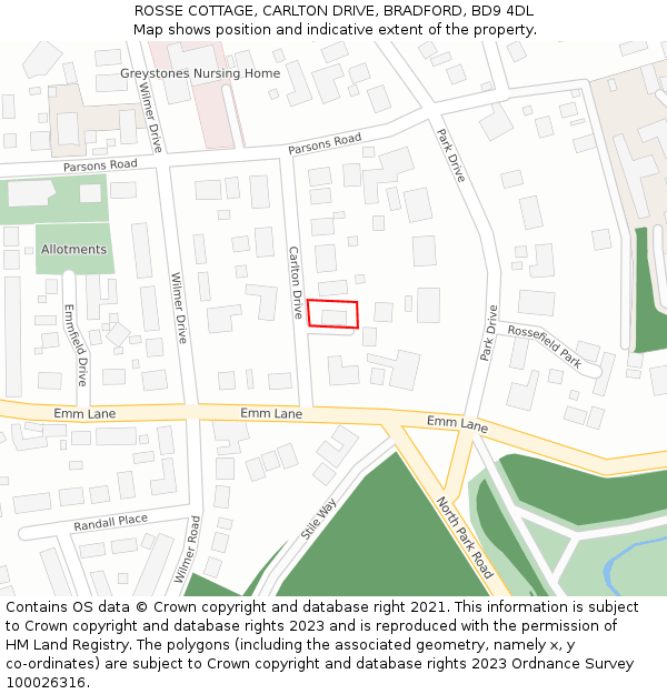 ROSSE COTTAGE, CARLTON DRIVE, BRADFORD, BD9 4DL: Location map and indicative extent of plot