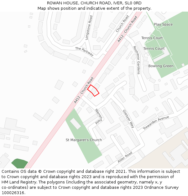ROWAN HOUSE, CHURCH ROAD, IVER, SL0 0RD: Location map and indicative extent of plot