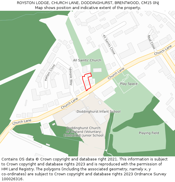 ROYSTON LODGE, CHURCH LANE, DODDINGHURST, BRENTWOOD, CM15 0NJ: Location map and indicative extent of plot