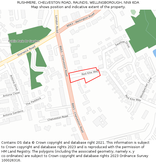 RUSHMERE, CHELVESTON ROAD, RAUNDS, WELLINGBOROUGH, NN9 6DA: Location map and indicative extent of plot