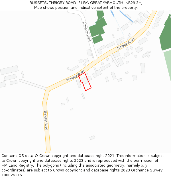 RUSSETS, THRIGBY ROAD, FILBY, GREAT YARMOUTH, NR29 3HJ: Location map and indicative extent of plot