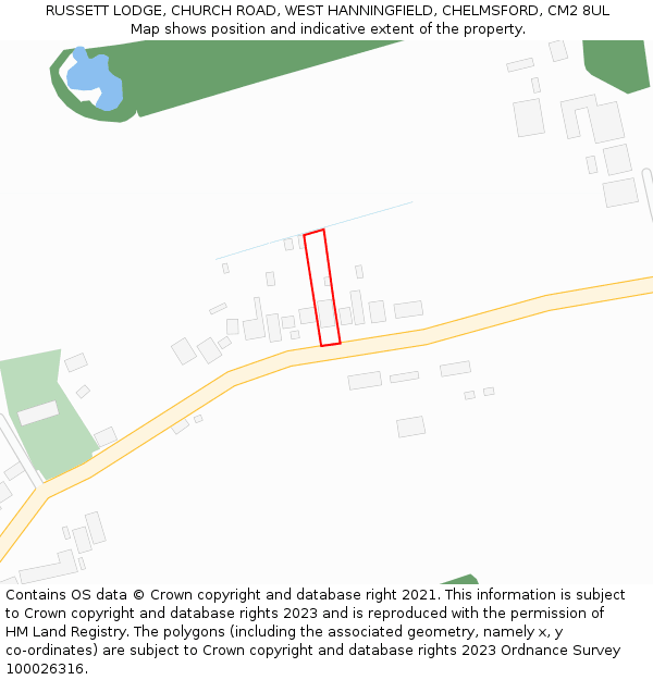 RUSSETT LODGE, CHURCH ROAD, WEST HANNINGFIELD, CHELMSFORD, CM2 8UL: Location map and indicative extent of plot