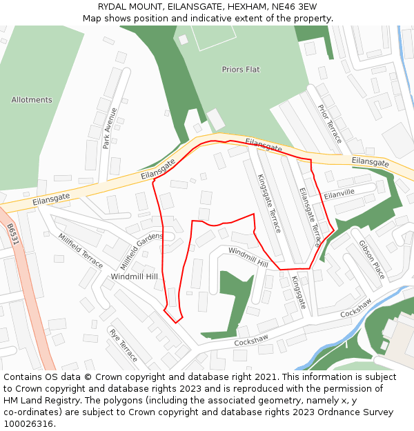 RYDAL MOUNT, EILANSGATE, HEXHAM, NE46 3EW: Location map and indicative extent of plot