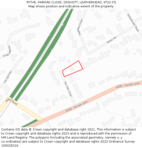 RYTHE, FAIROAK CLOSE, OXSHOTT, LEATHERHEAD, KT22 0TJ: Location map and indicative extent of plot
