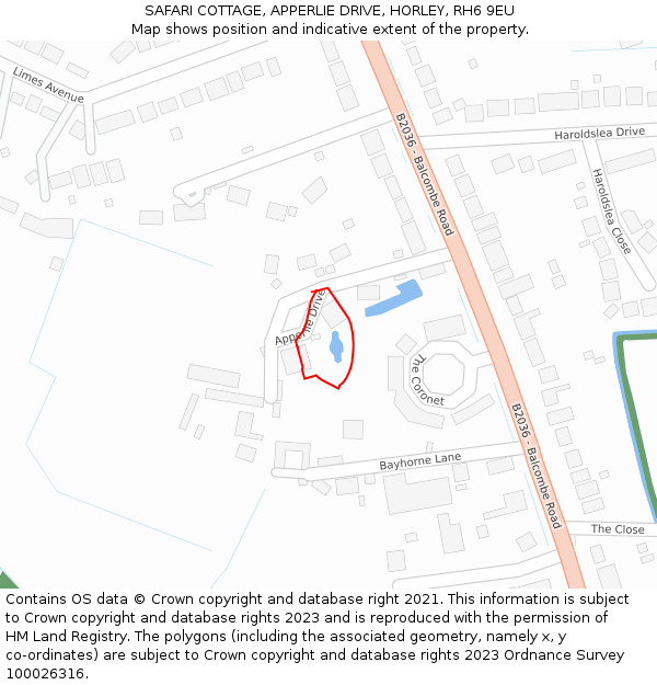 SAFARI COTTAGE, APPERLIE DRIVE, HORLEY, RH6 9EU: Location map and indicative extent of plot