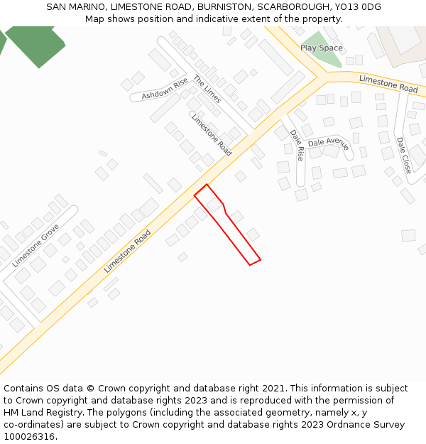 SAN MARINO, LIMESTONE ROAD, BURNISTON, SCARBOROUGH, YO13 0DG: Location map and indicative extent of plot