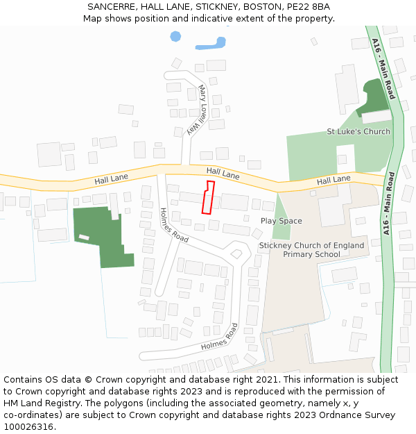 SANCERRE, HALL LANE, STICKNEY, BOSTON, PE22 8BA: Location map and indicative extent of plot