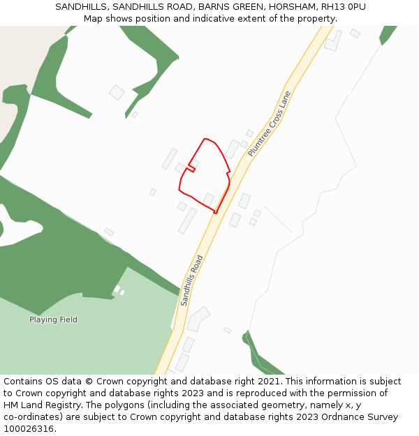 SANDHILLS, SANDHILLS ROAD, BARNS GREEN, HORSHAM, RH13 0PU: Location map and indicative extent of plot