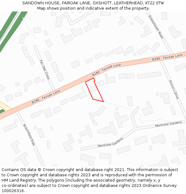 SANDOWN HOUSE, FAIROAK LANE, OXSHOTT, LEATHERHEAD, KT22 0TW: Location map and indicative extent of plot