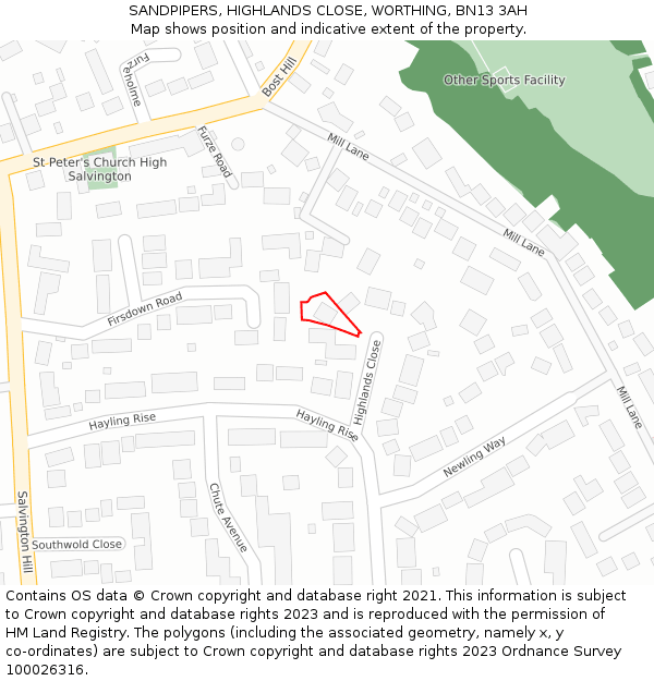SANDPIPERS, HIGHLANDS CLOSE, WORTHING, BN13 3AH: Location map and indicative extent of plot