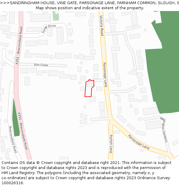 SANDRINGHAM HOUSE, VINE GATE, PARSONAGE LANE, FARNHAM COMMON, SLOUGH, SL2 3NX: Location map and indicative extent of plot