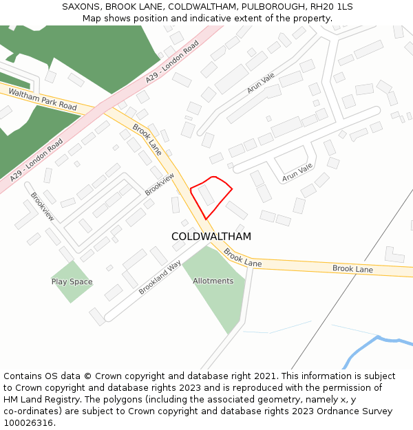 SAXONS, BROOK LANE, COLDWALTHAM, PULBOROUGH, RH20 1LS: Location map and indicative extent of plot
