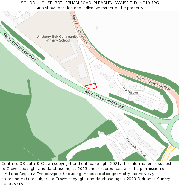 SCHOOL HOUSE, ROTHERHAM ROAD, PLEASLEY, MANSFIELD, NG19 7PG: Location map and indicative extent of plot