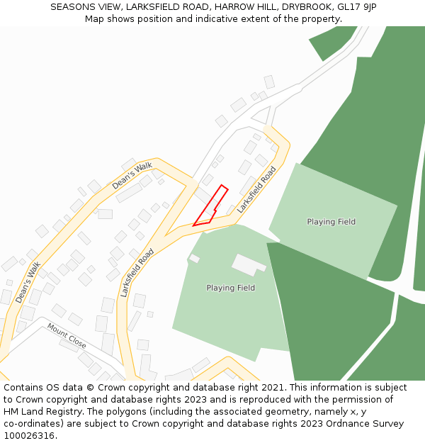 SEASONS VIEW, LARKSFIELD ROAD, HARROW HILL, DRYBROOK, GL17 9JP: Location map and indicative extent of plot