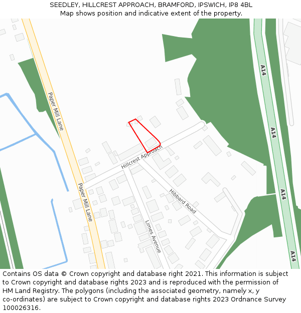 SEEDLEY, HILLCREST APPROACH, BRAMFORD, IPSWICH, IP8 4BL: Location map and indicative extent of plot