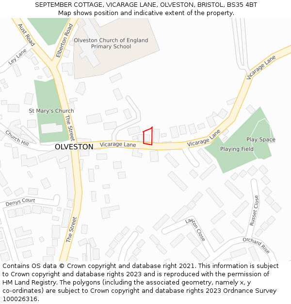SEPTEMBER COTTAGE, VICARAGE LANE, OLVESTON, BRISTOL, BS35 4BT: Location map and indicative extent of plot