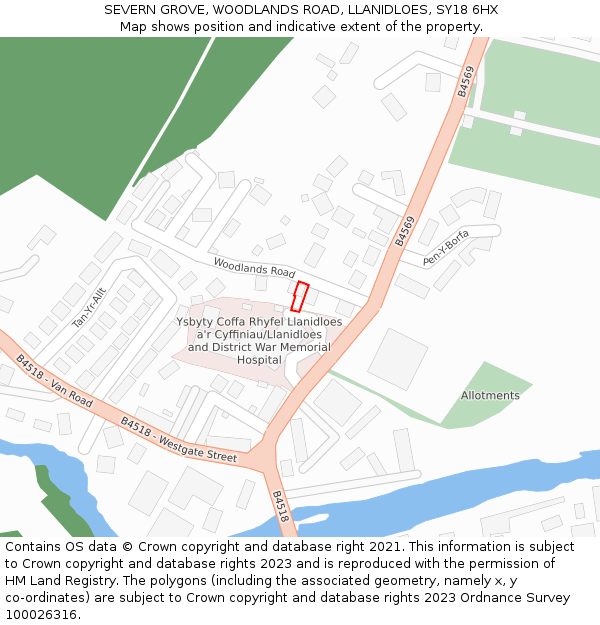 SEVERN GROVE, WOODLANDS ROAD, LLANIDLOES, SY18 6HX: Location map and indicative extent of plot