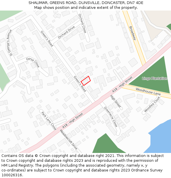 SHALIMAR, GREENS ROAD, DUNSVILLE, DONCASTER, DN7 4DE: Location map and indicative extent of plot