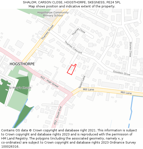 SHALOM, CARSON CLOSE, HOGSTHORPE, SKEGNESS, PE24 5PL: Location map and indicative extent of plot