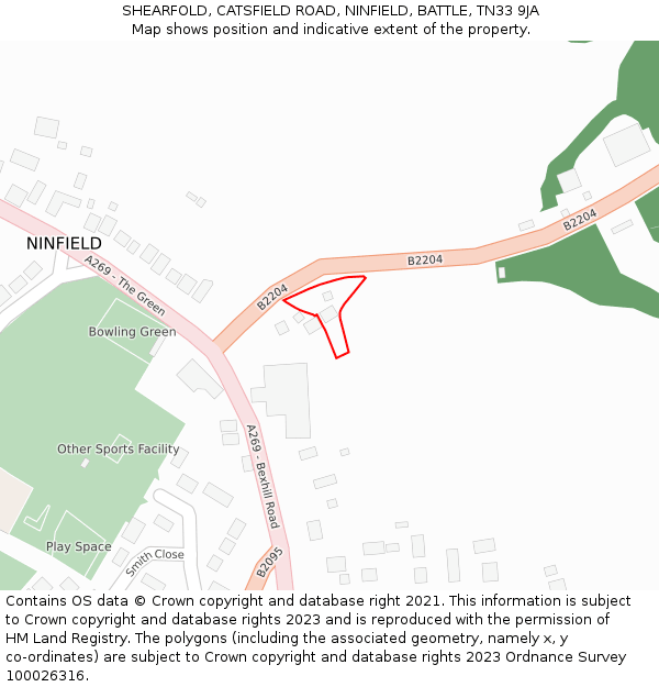 SHEARFOLD, CATSFIELD ROAD, NINFIELD, BATTLE, TN33 9JA: Location map and indicative extent of plot