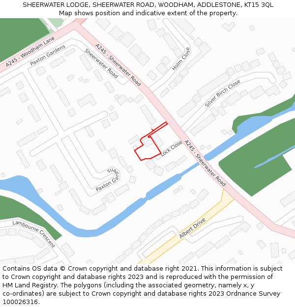 SHEERWATER LODGE, SHEERWATER ROAD, WOODHAM, ADDLESTONE, KT15 3QL: Location map and indicative extent of plot