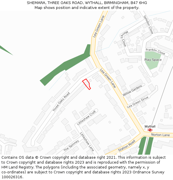 SHEMARA, THREE OAKS ROAD, WYTHALL, BIRMINGHAM, B47 6HG: Location map and indicative extent of plot