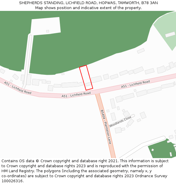 SHEPHERDS STANDING, LICHFIELD ROAD, HOPWAS, TAMWORTH, B78 3AN: Location map and indicative extent of plot