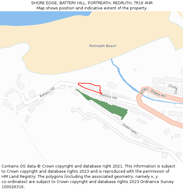 SHORE EDGE, BATTERY HILL, PORTREATH, REDRUTH, TR16 4NR: Location map and indicative extent of plot