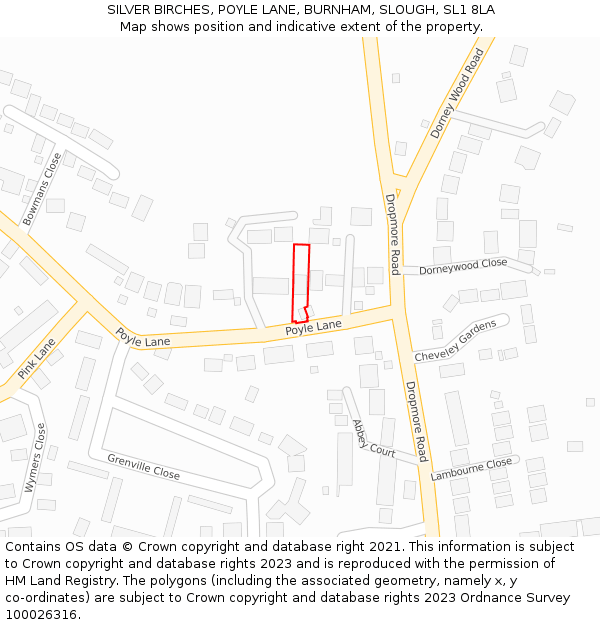 SILVER BIRCHES, POYLE LANE, BURNHAM, SLOUGH, SL1 8LA: Location map and indicative extent of plot
