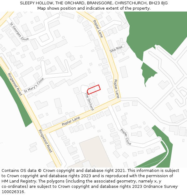 SLEEPY HOLLOW, THE ORCHARD, BRANSGORE, CHRISTCHURCH, BH23 8JG: Location map and indicative extent of plot
