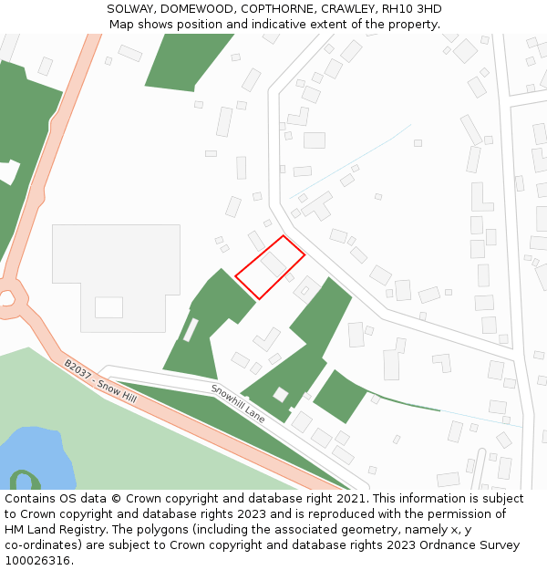 SOLWAY, DOMEWOOD, COPTHORNE, CRAWLEY, RH10 3HD: Location map and indicative extent of plot
