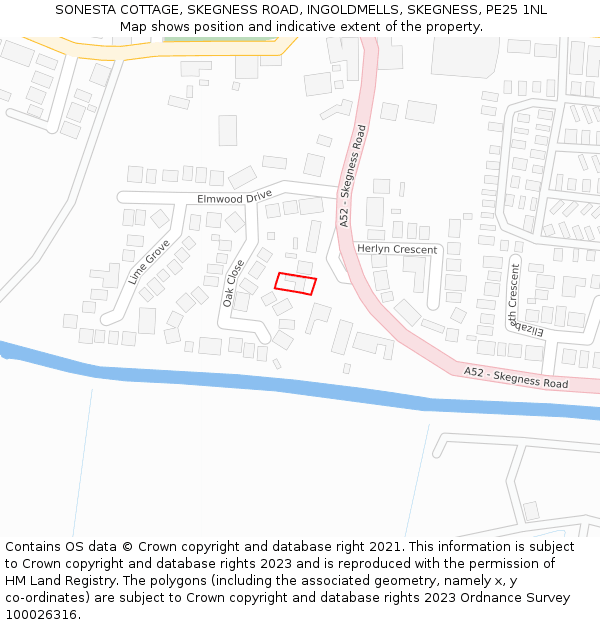 SONESTA COTTAGE, SKEGNESS ROAD, INGOLDMELLS, SKEGNESS, PE25 1NL: Location map and indicative extent of plot