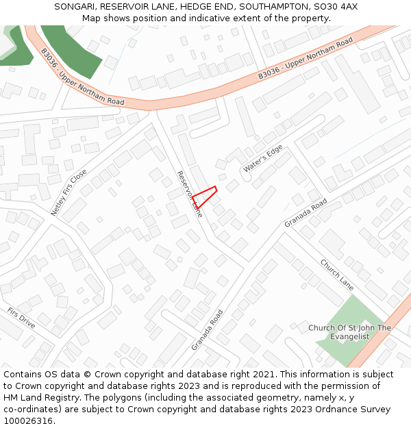 SONGARI, RESERVOIR LANE, HEDGE END, SOUTHAMPTON, SO30 4AX: Location map and indicative extent of plot