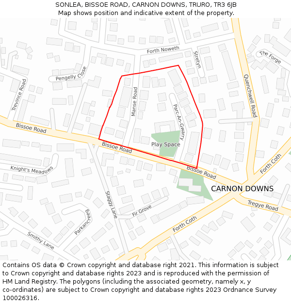 SONLEA, BISSOE ROAD, CARNON DOWNS, TRURO, TR3 6JB: Location map and indicative extent of plot