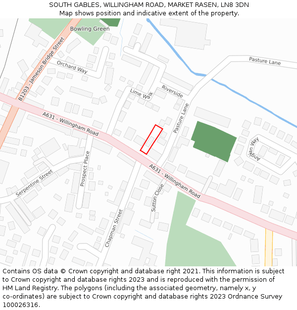SOUTH GABLES, WILLINGHAM ROAD, MARKET RASEN, LN8 3DN: Location map and indicative extent of plot
