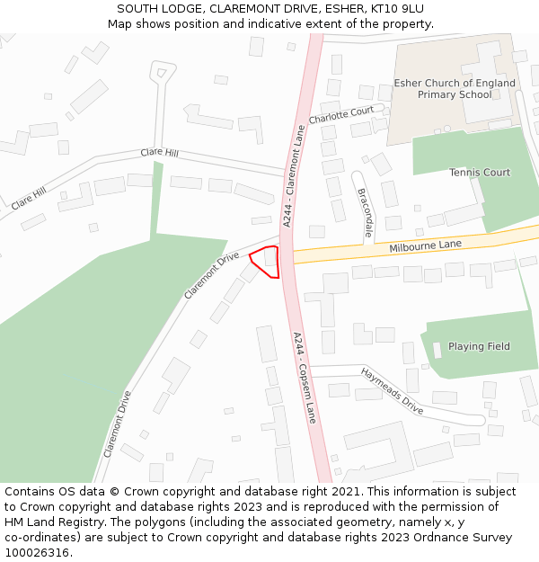 SOUTH LODGE, CLAREMONT DRIVE, ESHER, KT10 9LU: Location map and indicative extent of plot