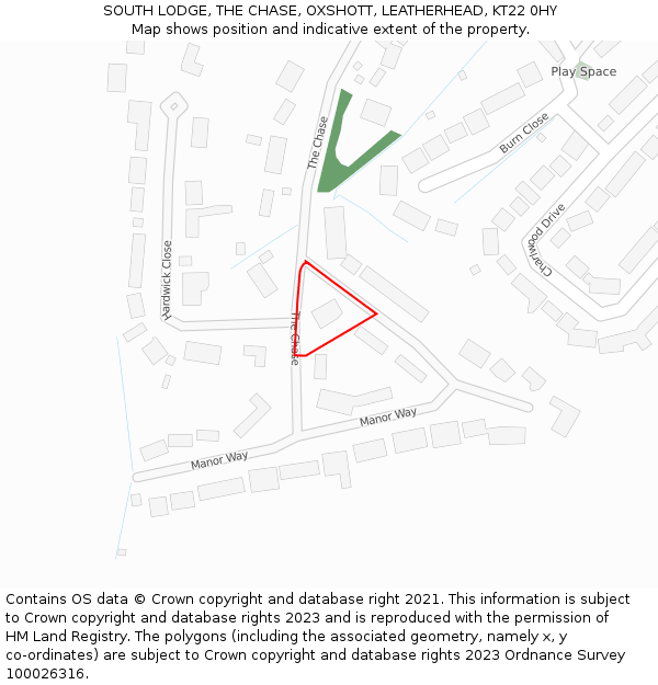 SOUTH LODGE, THE CHASE, OXSHOTT, LEATHERHEAD, KT22 0HY: Location map and indicative extent of plot