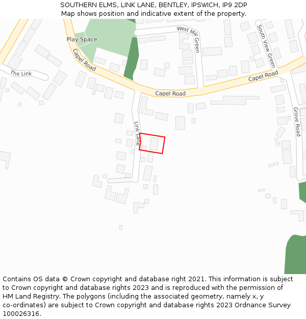 SOUTHERN ELMS, LINK LANE, BENTLEY, IPSWICH, IP9 2DP: Location map and indicative extent of plot
