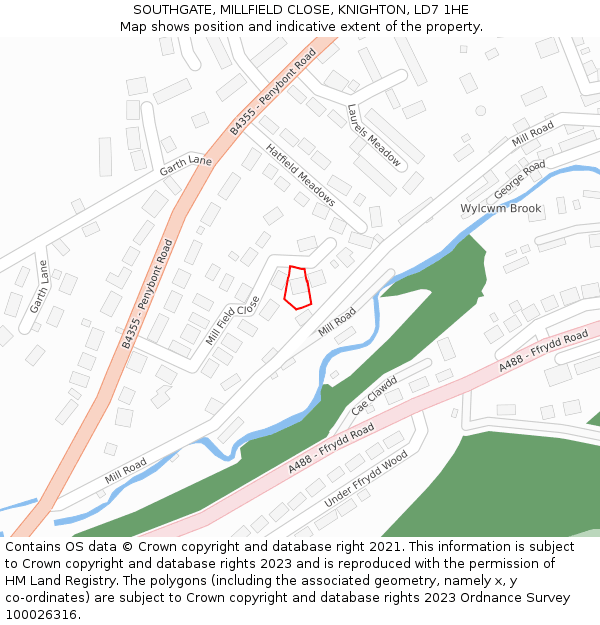 SOUTHGATE, MILLFIELD CLOSE, KNIGHTON, LD7 1HE: Location map and indicative extent of plot