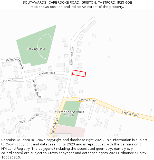 SOUTHWARDS, CARBROOKE ROAD, GRISTON, THETFORD, IP25 6QE: Location map and indicative extent of plot