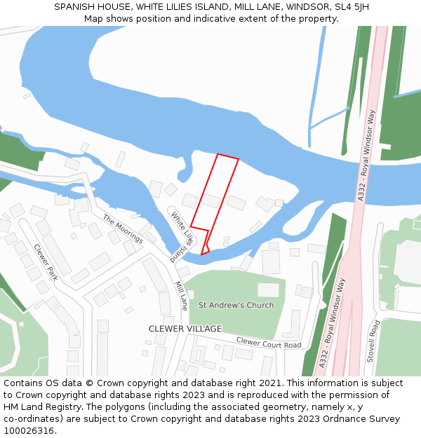 SPANISH HOUSE, WHITE LILIES ISLAND, MILL LANE, WINDSOR, SL4 5JH: Location map and indicative extent of plot