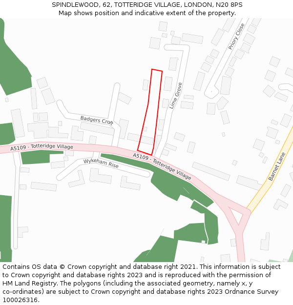 SPINDLEWOOD, 62, TOTTERIDGE VILLAGE, LONDON, N20 8PS: Location map and indicative extent of plot