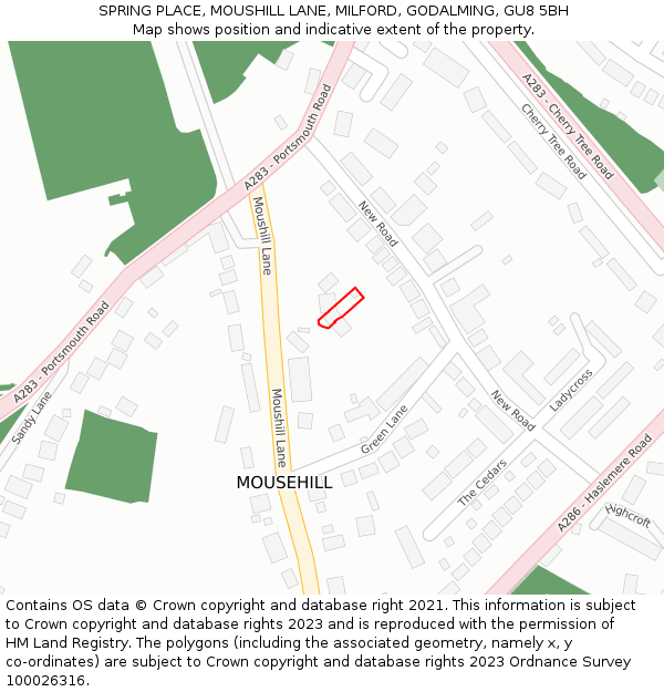 SPRING PLACE, MOUSHILL LANE, MILFORD, GODALMING, GU8 5BH: Location map and indicative extent of plot