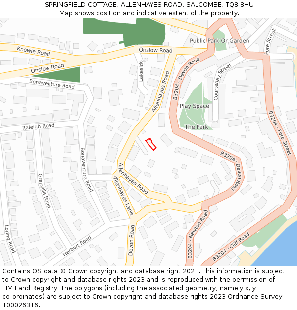 SPRINGFIELD COTTAGE, ALLENHAYES ROAD, SALCOMBE, TQ8 8HU: Location map and indicative extent of plot