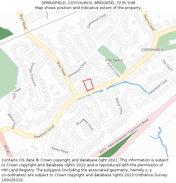 SPRINGFIELD, COYCHURCH, BRIDGEND, CF35 5HB: Location map and indicative extent of plot