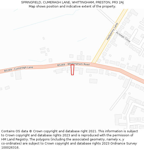 SPRINGFIELD, CUMERAGH LANE, WHITTINGHAM, PRESTON, PR3 2AJ: Location map and indicative extent of plot