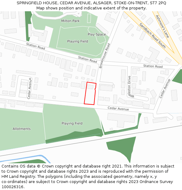 SPRINGFIELD HOUSE, CEDAR AVENUE, ALSAGER, STOKE-ON-TRENT, ST7 2PQ: Location map and indicative extent of plot