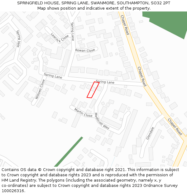 SPRINGFIELD HOUSE, SPRING LANE, SWANMORE, SOUTHAMPTON, SO32 2PT: Location map and indicative extent of plot