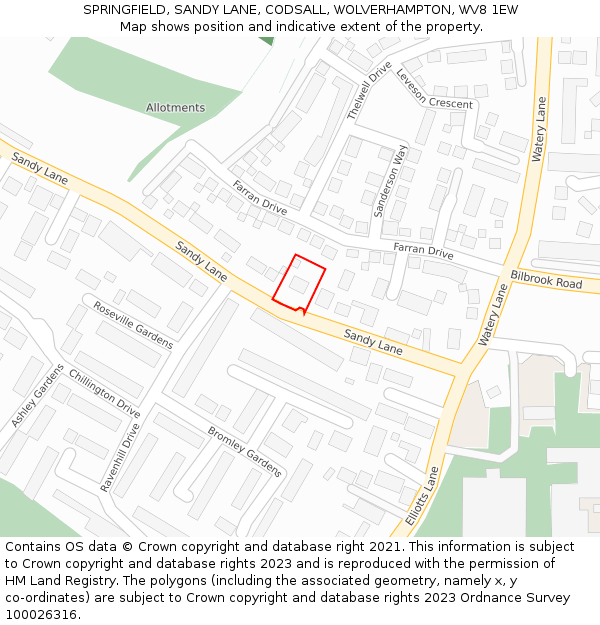 SPRINGFIELD, SANDY LANE, CODSALL, WOLVERHAMPTON, WV8 1EW: Location map and indicative extent of plot