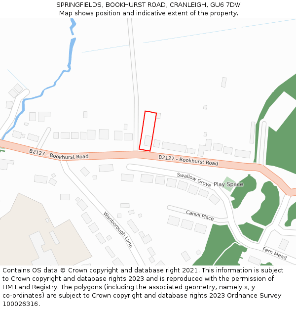 SPRINGFIELDS, BOOKHURST ROAD, CRANLEIGH, GU6 7DW: Location map and indicative extent of plot